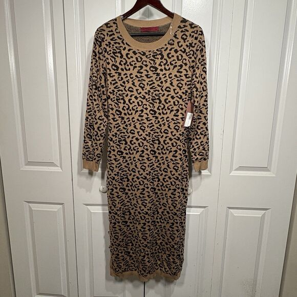 Love Scarlett Womens L Sweater Dress Tan Leopard Animal Print NWT Boho Fall Chic - Picture 1 of 9